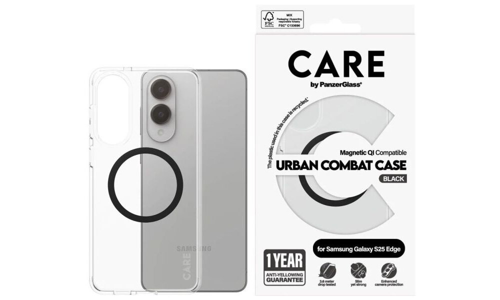 Etui PANZERGLASS Care Urban Combat Black QI do Samsung Galaxy S25 Przeźroczysto-biały - etui z opakowaniem na białym tle
