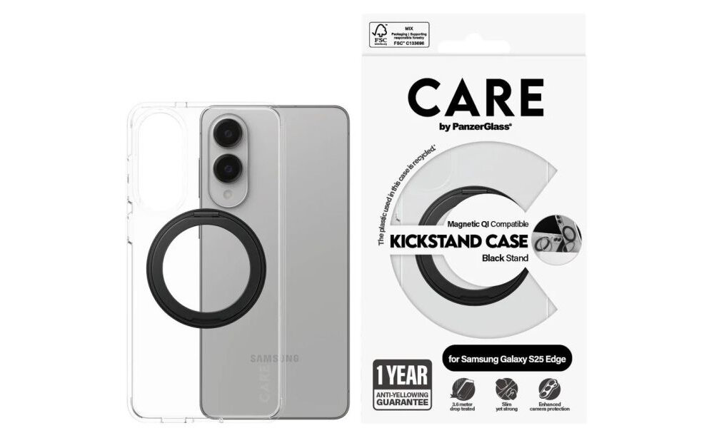 Etui PANZEGLASS CARE Feature Black Kickstand & QI do Samsung Galaxy S25 Edge Przeźroczysty