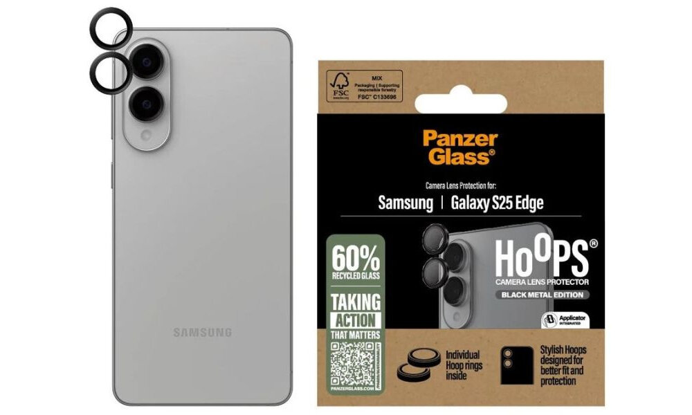 Szkło hartowane na obiektyw PANZERGLASS Lens Protector do Samsung Galaxy S25 Edge Czarny - szklo z opakowaniem na bialym tle