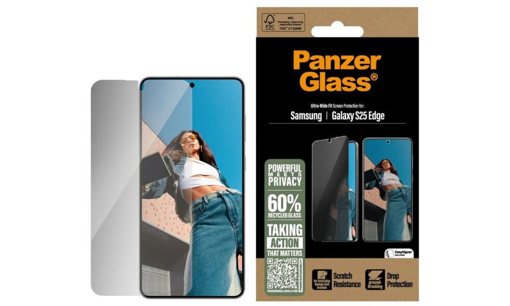 Szkło prywatyzujące PANZERGLASS Ultra-Wide Fit do Samsung Galaxy S25 Edge - opakowanie ze szklem na bialym tle