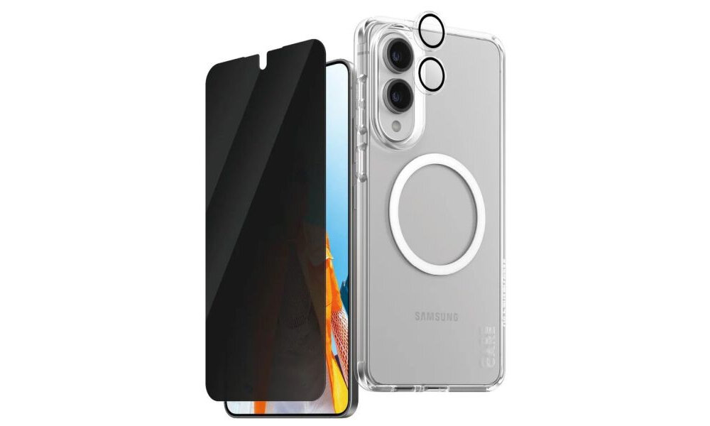 Etui PANZEGLASS Care 3w1 do Samsung Galaxy S25 EDGE + Szkło prywatyzujące + Szkło na obiektyw, etui na bialym tle, ochrona, szklo prywatyzujace, szklo na obiektyw