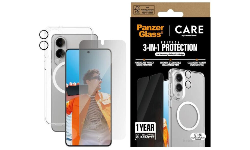 Etui PANZEGLASS Care 3w1 do Samsung Galaxy S25 EDGE + Szkło prywatyzujące + Szkło na obiektyw