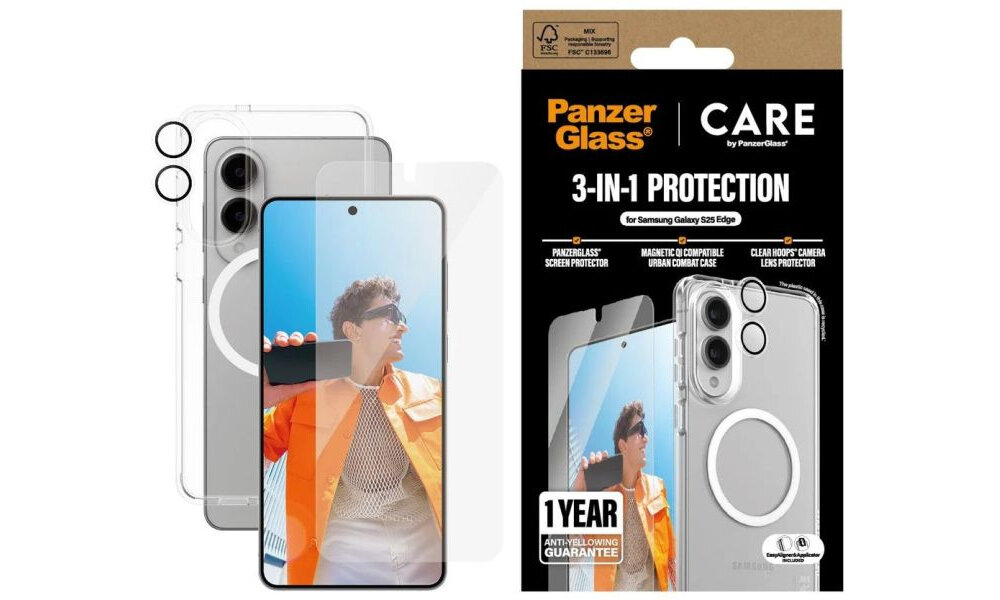 Etui PANZEGLASS CARE Flagship 3w1 Etui + Szkło + Lens do Samsung Galaxy S25 Edge - sklad zestawu na bialym tle