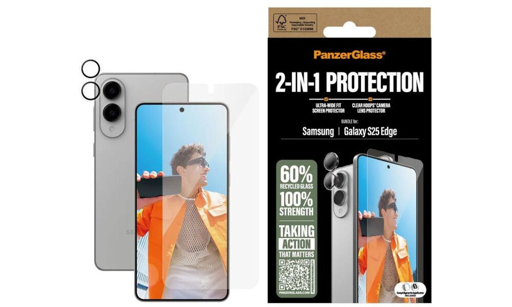 Etui PANZEGLASS Hoops + UWF 2w1 do Samsung Galaxy S25 EDGE + Szkło + Szkło na obiektyw - etui z opakowaniem na bialym tle