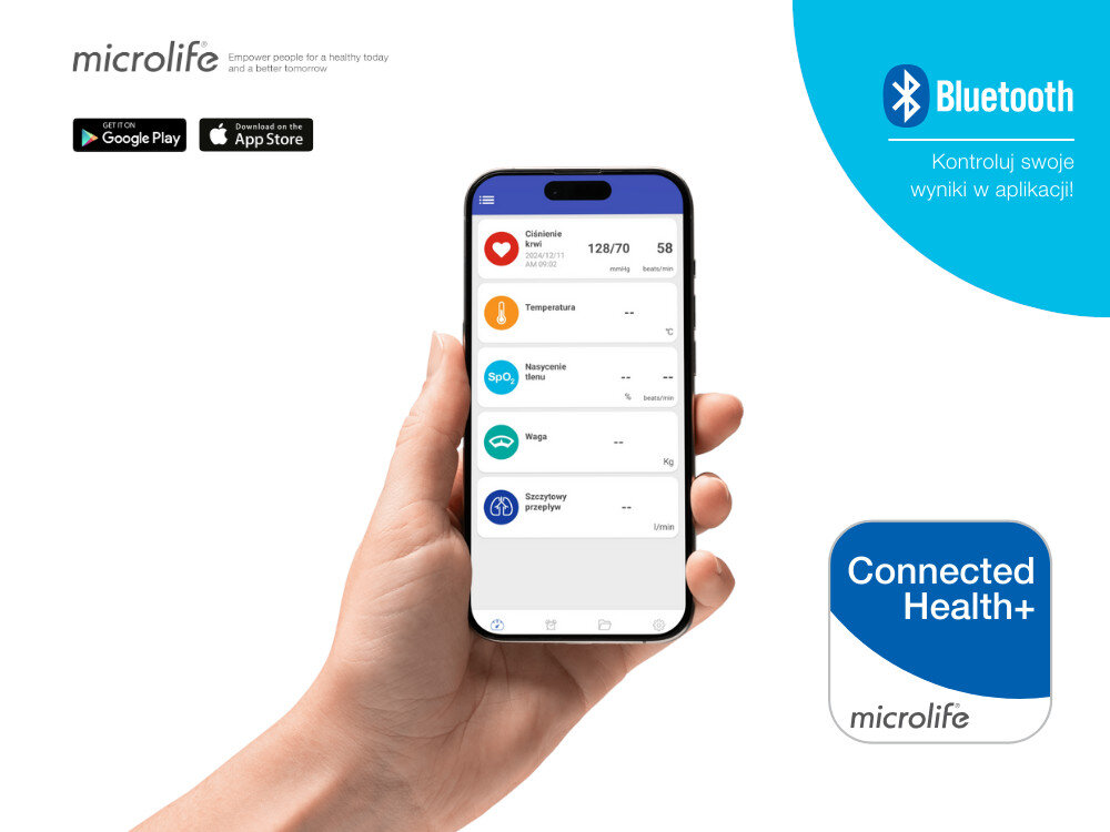 Ciśnieniomierz MICROLIFE BP B4 BT  Aplikacja, która wspiera zdrowie bezpłatna aplikacja Microlife Connected Health+ zapisać i analizować wyniki Dane synchronizują się automatycznie wsparcie w profilaktyce i leczeniu nadciśnienia