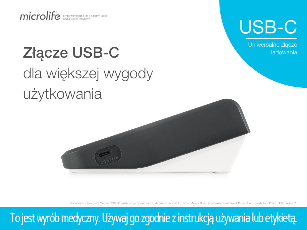 Ciśnieniomierz MICROLIFE BP B4 BT Wygodne ładowanie Złącze USB-C komfort ładowania  Symetryczna wtyczka ułatwienie podłączenie mobilność
