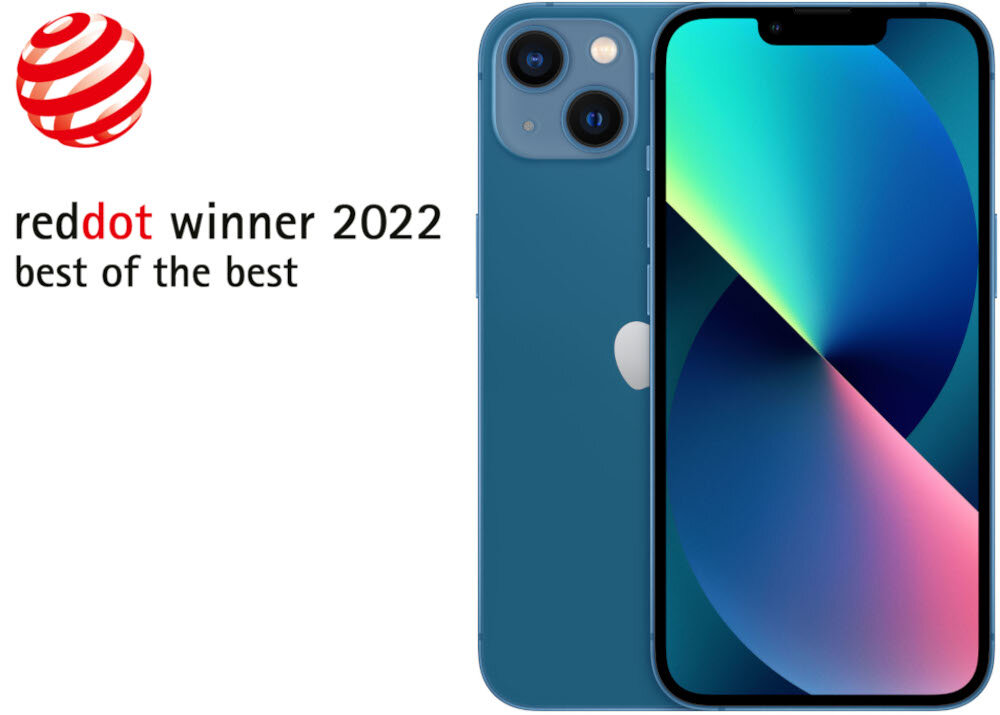 Na obrazie widoczny jest niebieski smartfon z dużym ekranem i dwoma aparatami z tyłu. Obok znajduje się logo z tekstem: \'reddot winner 2022 best of the best\'.