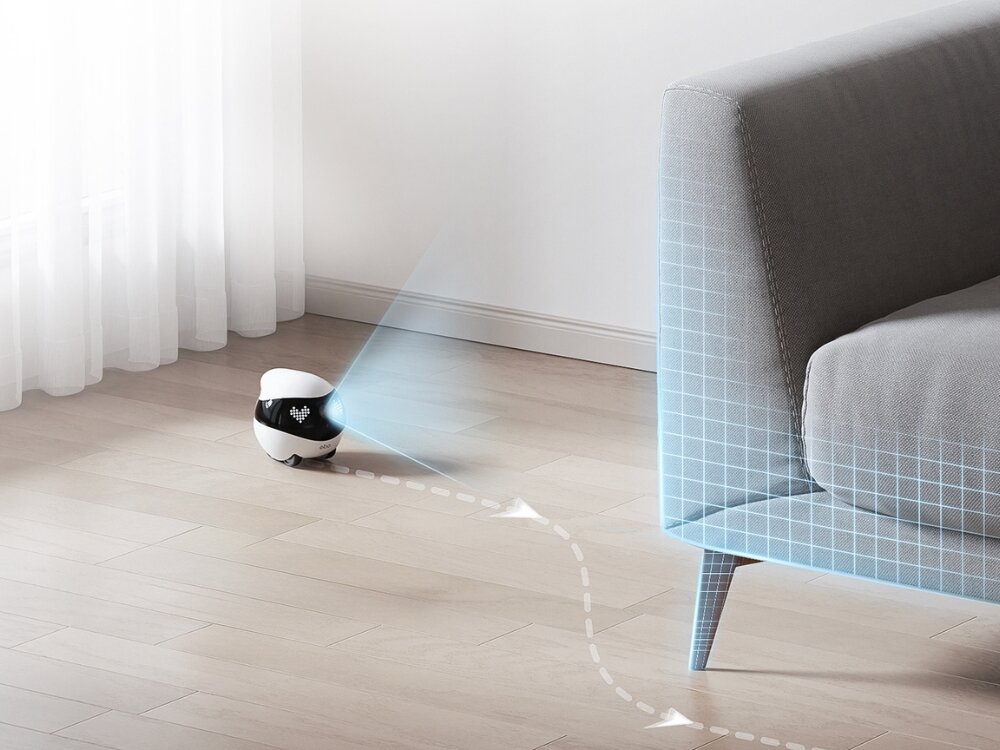 Inteligentny robot ENABOT Ebo Air 2 Różowy Inteligentny robot ENABOT Ebo Air 2 robot obok sofy czujniki antykolizyjne upadki schody progi meble