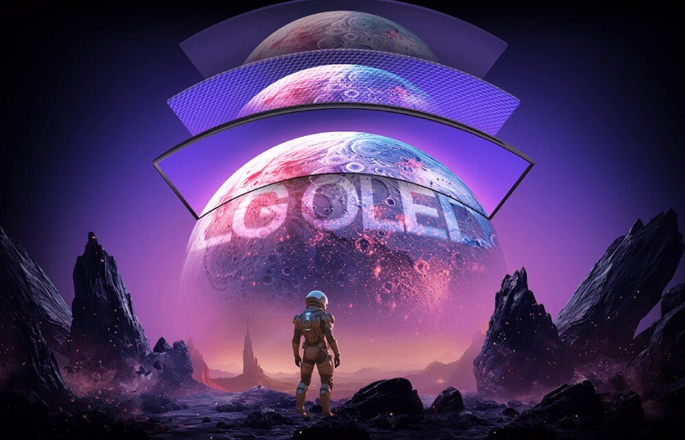 Monitor LG UltraGear 45GX90SA-B.AEU Grafika przedstawiająca astronautę stojącego przed księżycem, nad którym unoszą się warstwy paneli OLED i warstwa z napisem 'LG OLED', matryca, jasność, kolory, dokładność