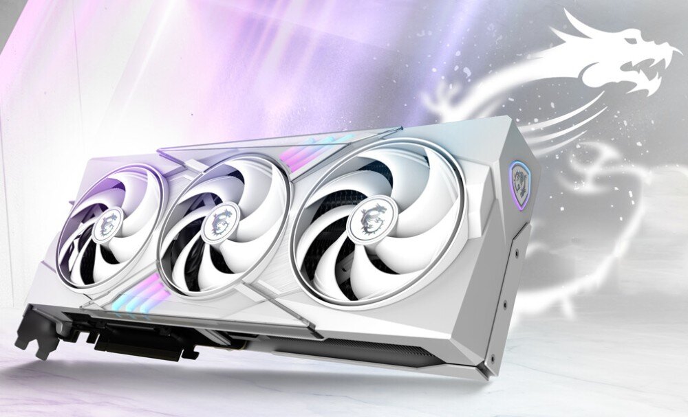 Karta graficzna MSI GeForce RTX 5070 Ti Gaming Trio OC 16GB Karta z trzema wentylatorami na tle fioletowo-białej poświaty z podświetlanymi akcentami na obudowie, opis