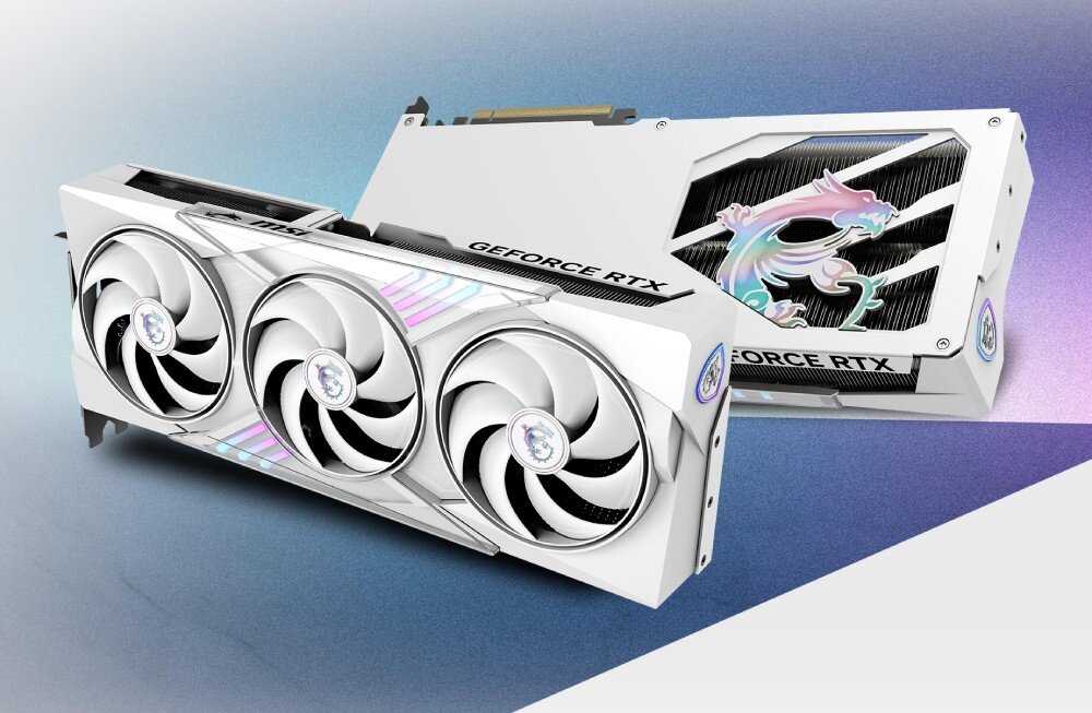 Karta graficzna MSI GeForce RTX 5070 Ti Gaming Trio OC 16GB Dwie karty obok siebie, jedna przodem z trzema wentylatorami i kolorowymi paskami, druga tyłem z backplate i wycięciem z logo smoka, parametry, układ graficzny, rdzenie CUDA