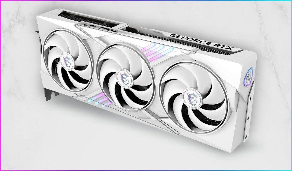 Karta graficzna MSI GeForce RTX 5070 Ti Gaming Trio OC 16GB Karta w widoku trzy czwarte na czarnym tle z trzema wentylatorami i kolorowymi akcentami świetlnymi na froncie, system chłodzenia