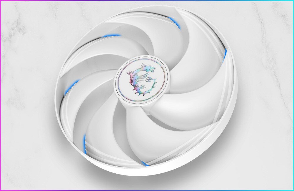 Karta graficzna MSI GeForce RTX 5070 Ti Gaming Trio OC 16GB Pojedynczy czarny wentylator z siedmioma łopatkami i okrągłym logo smoka pośrodku na czarnym tle, wentylatory, łopatki, obręcz