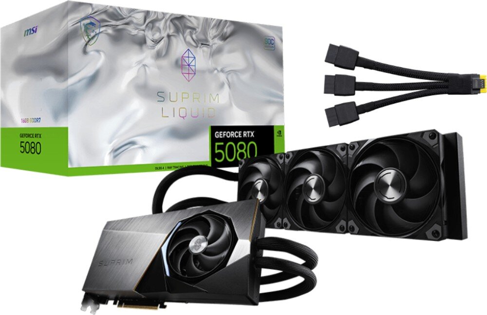 Karta graficzna MSI GeForce RTX 5080 Suprim Liquid SOC 16GB Zestaw – pudełko, karta graficzna, kabel zasilający do montażu w obudowie
