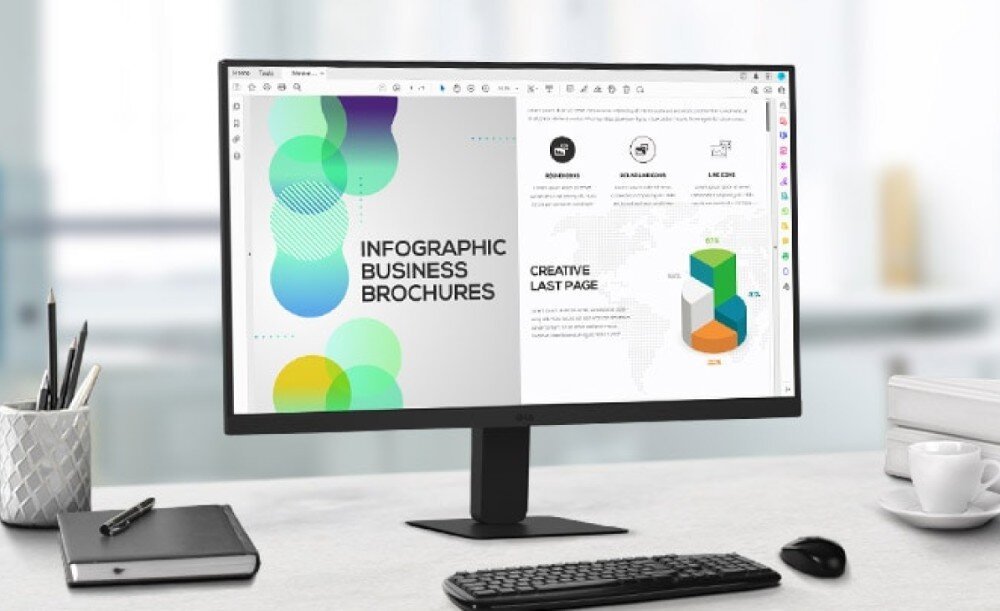 Monitor LG 24U631A-B Grafika ilustrująca szeroki kąt widzenia ekranu. Monitor pośrodku pokazuje wykresy, a wokół niego rozrysowane są linie i ikony oczu w rogach, pokazujące widoczność pod kątem 178 stopni, rozdzielczość, matryca, kolory, kąty widzenia