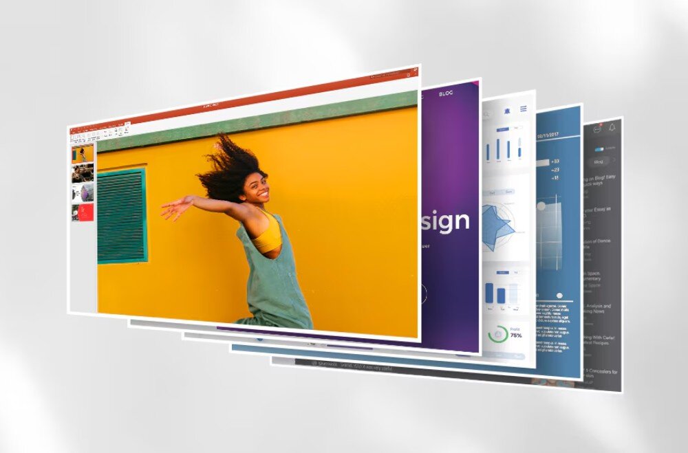 Monitor LG 24U631A-B Ilustracja pokazująca wiele nakładających się na siebie ekranów z różnymi aplikacjami, w tym zdjęcie uśmiechniętej kobiety na żółtym tle i wykresy. Symuluje wielozadaniowość monitora, odświeżanie, płynność, Dynamic Action Sync