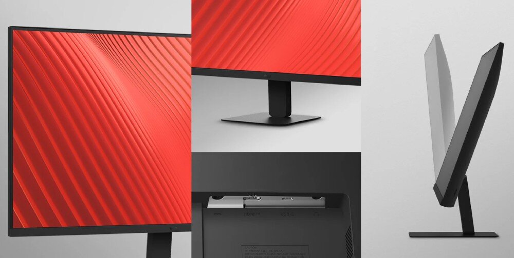 Monitor LG 24U631A-B Złożony widok monitora z kilku ujęć. Zbliżenie na czerwony ekran z teksturą, boczny profil pokazujący nachylenie monitora oraz widok z tyłu przedstawiający porty HDMI i USB-C, regulacja nachylenia, podstawa, mocowanie VESA, ramka