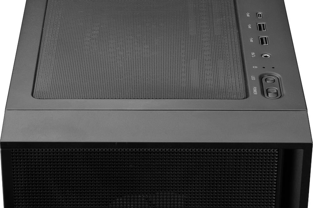 Komputer MAD DOG MASTERPIECE-I02DR32 Ultra 5-225F 32GB RAM 1TB SSD GeForce RTX5070 DLSS 4 Wi-Fi zbliżenie na porty w obudowie maksymalnie 11 wentylatorów front typu mesh 4 wentylatory ARGB panel boczny ze szkła hartowanego magnetyczny filtr przeciwpyłowy