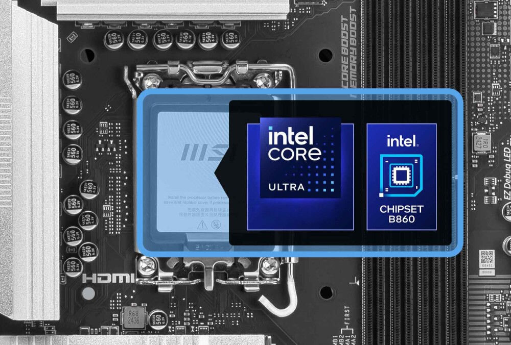 Komputer MAD DOG MASTERPIECE-I02WR32WH Ultra 5-225F 32GB RAM 1TB SSD GeForce RTX5070 DLSS 4 Wi-Fi płyta głowna ATX gniazdu LGA 1851 chipset Intel B860 2-fazowy system Duet Rail Power System cyfrowy układ PWM Core Boost Frozr Guard Extended Heatsink do 7W/mK