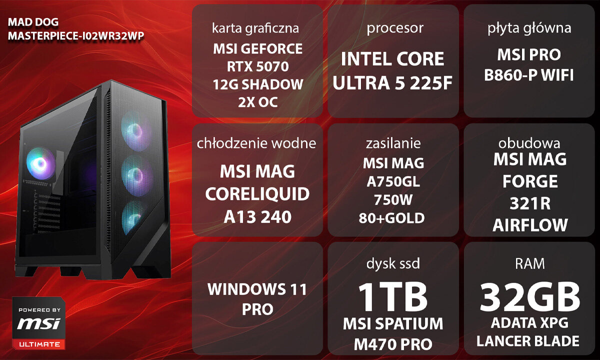 Komputer MAD DOG MASTERPIECE-I02WR32WP Ultra 5-225F 32GB RAM 1TB SSD GeForce RTX5070 DLSS 4 Wi-Fi grafika z najważniejszymi parametrami