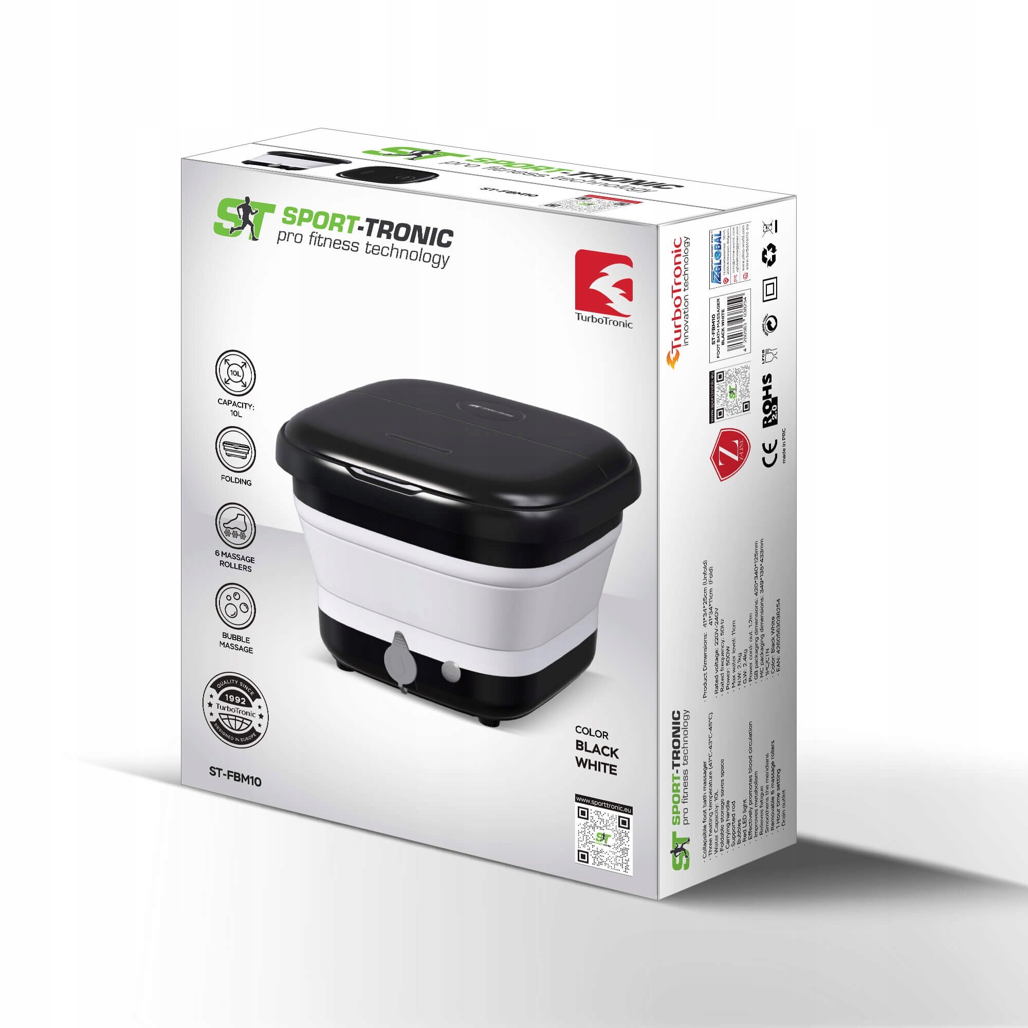 Opakowanie produktu z napisem \'SPORT-TRONIC pro fitness technology\' oraz logo TurboTronic. Widoczny jest obrazek wodnego masażera do stóp w kolorze czarno-białym z funkcjami takimi jak składanie, masaż bąbelkowy i 6 rolek masujących.