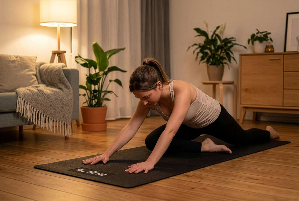 Mata pod sprzęt fitness S-LINE M4 SA034 Kobieta wykonuje stretching na czarnej macie fitness S_line w przytulnym salonie.