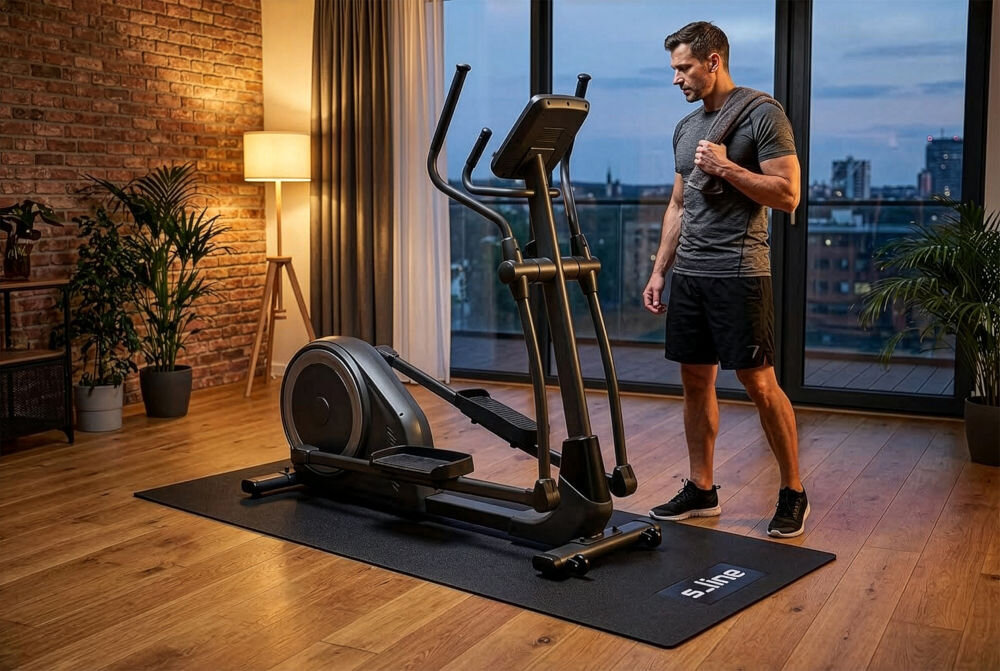 Mata pod sprzęt fitness S-LINE M4 SA035 Antypoślizgowa mata pod sprzęt fitness S_line pod trenażerem eliptycznym w domowej siłowni.