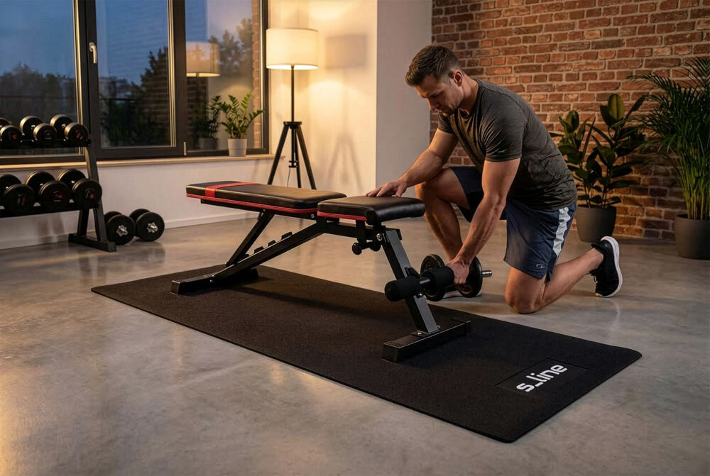 Mata pod sprzęt fitness S-LINE M4 SA035 Czarna mata ochronna S_line pod ławką do ćwiczeń z hantlami, chroniąca podłogę przed uszkodzeniami.