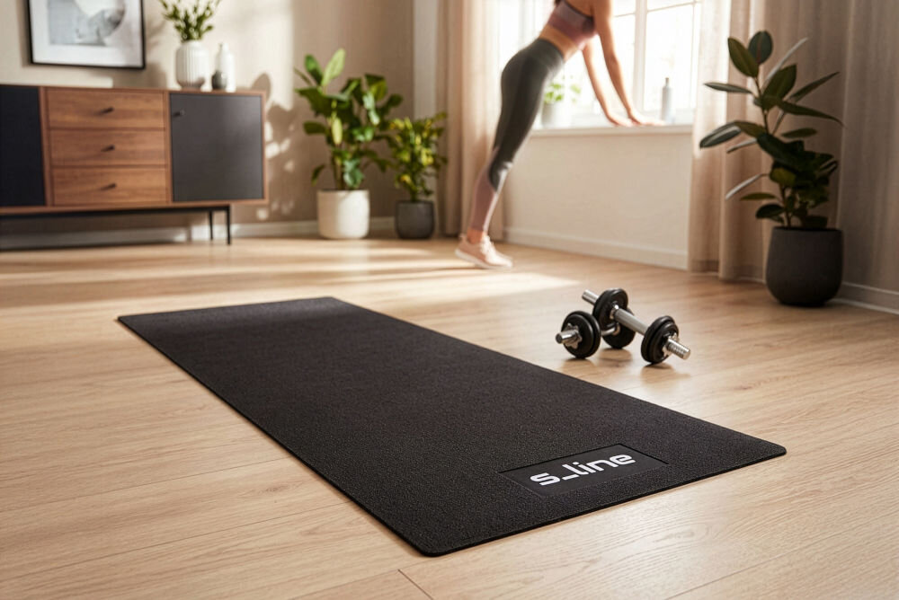 Mata pod sprzęt fitness S-LINE M4 SA035 Czarna mata fitness S_line rozłożona na panelach obok hantli, w tle kobieta wykonująca ćwiczenia.