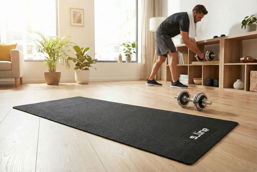 Mata pod sprzęt fitness S-LINE M4 SA035 Wytrzymała mata pod hantle S_line rozłożona w jasnym salonie, ułatwiająca bezpieczny trening domowy.
