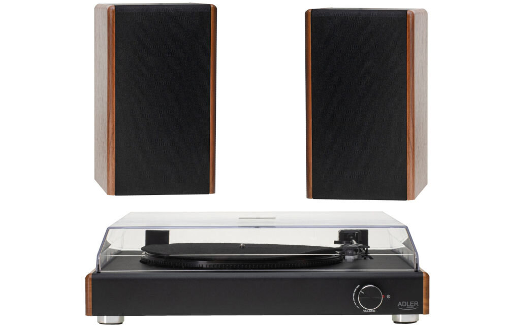 Gramofon ADLER AD 1915 wyjście RCA przedwzmacniacz podłączenie do systemu audio, gramofon od frontu na białym tle