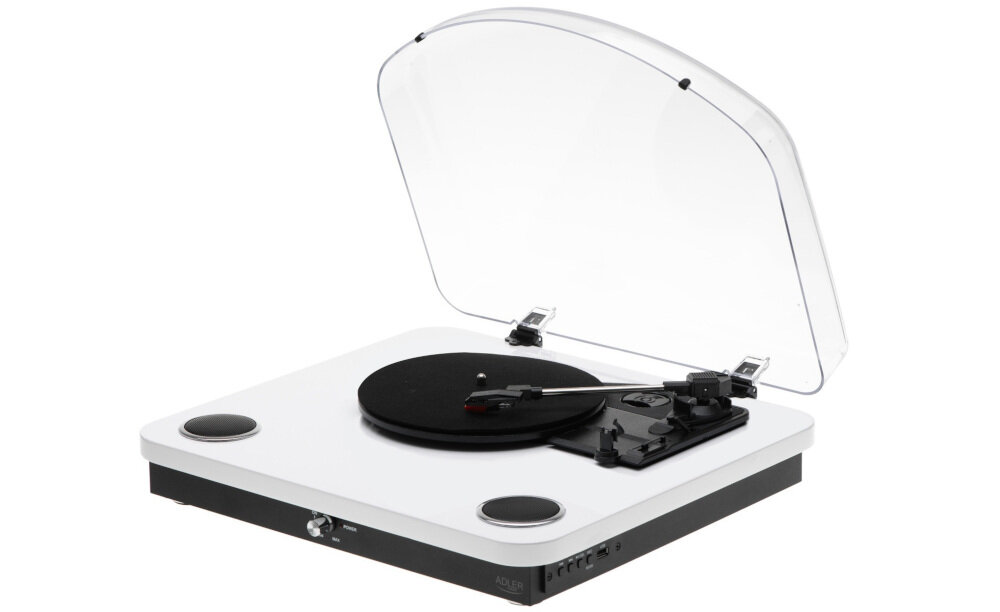 Gramofon ADLER AD 1914 wyjście RCA podłączenie zewnętrzne, gramofon po skosie na białym tle