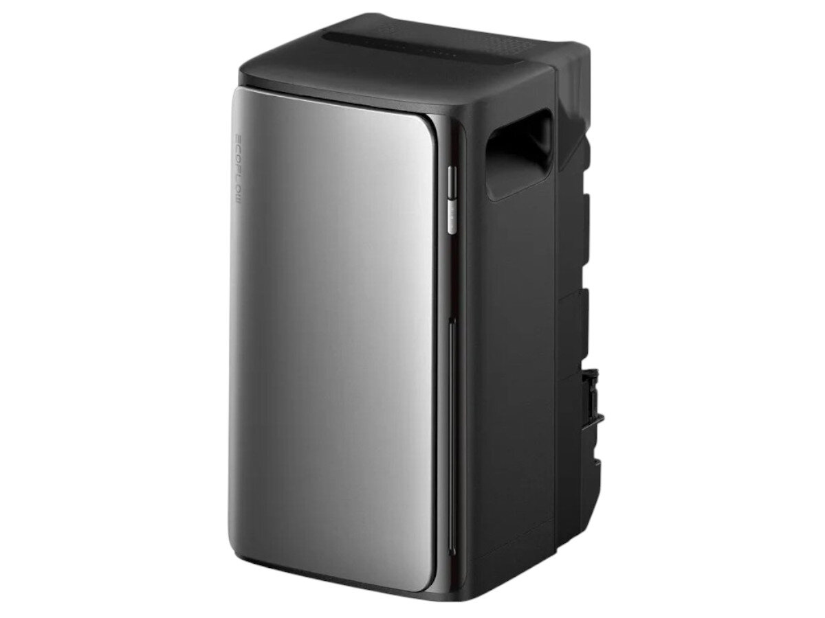 Magazyn energii ECOFLOW Stream Pro 800W, modułowość, rozszerzenie, integracja, PV, Magazyn energii Stream Pro ustawiony tyłem, duże powierzchnie chłodzące, podłoga drewniana.