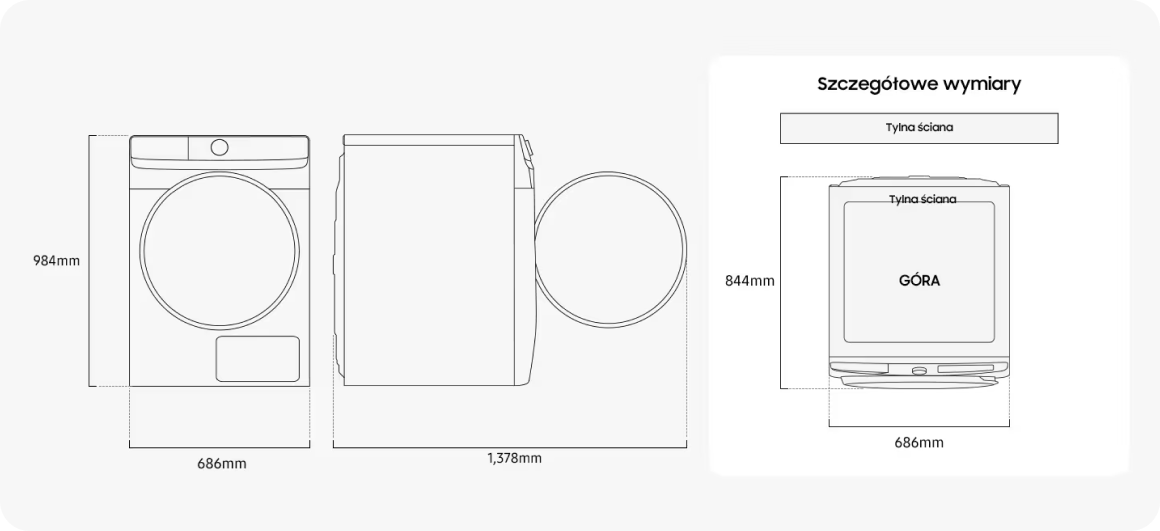 wymiary suszarka 1 DV16DG8600BVU4: wysokość 984 mm, szerokość 686 mm, głębokość 1378 mm. Sprawdź wymiary w sklepie MediaExpert