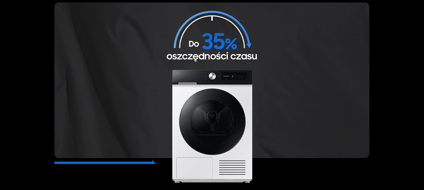 Szybkie i delikatne suszenie ubrań - Quick Drive Na obrazie widoczna jest biała suszarka z czarnym panelem i okrągłym bębnem. Nad nią znajduje się napis: \'Do 35% oszczędności czasu\'.