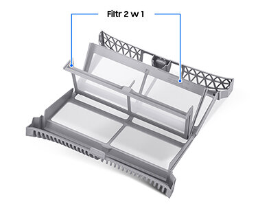 Filtr 2w1 w suszarce Samsung DV90DB8845GBU4 Filtr 2w1 zapewnia łatwe i skuteczne czyszczenie urządzenia, eliminując konieczność używania dwóch osobnych filtrów. Dzięki temu konserwacja jest wygodna i szybka, a Twoja suszarka Bespoke AI zawsze działa z pełną efektywnością.