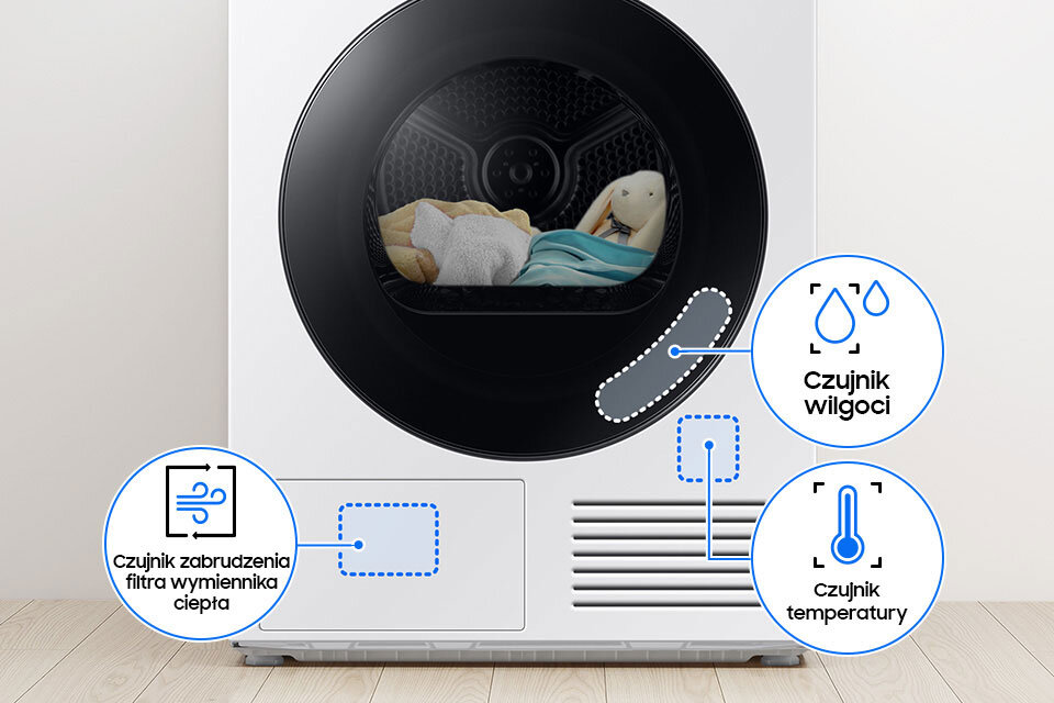 System Optimal Dry w suszarce Samsung DV90DB8845GHU4 Suszarka Samsung Bespoke AI 9kg DV90DB8845GHU4 z czujnikami zapewnia optymalne suszenie i ochronę odzieży przed przegrzaniem.
