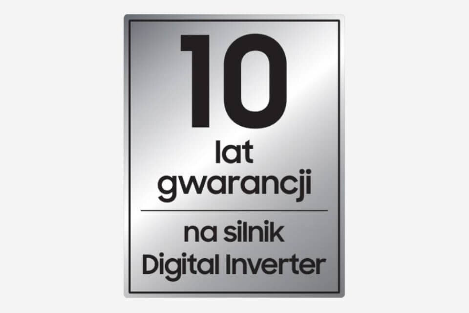 10-lat-gwarancji-na-silnik-digital-inverter Obraz przedstawia srebrną plakietkę z napisem: \'10 lat gwarancji na silnik Digital Inverter\'.