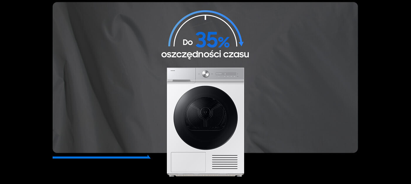 Funkcja quickdrive Na obrazie widoczna jest biała suszarka z czarnym bębnem na tle ciemnej tkaniny. Nad suszarką znajduje się napis \'Do 35% oszczędności czasu\'.