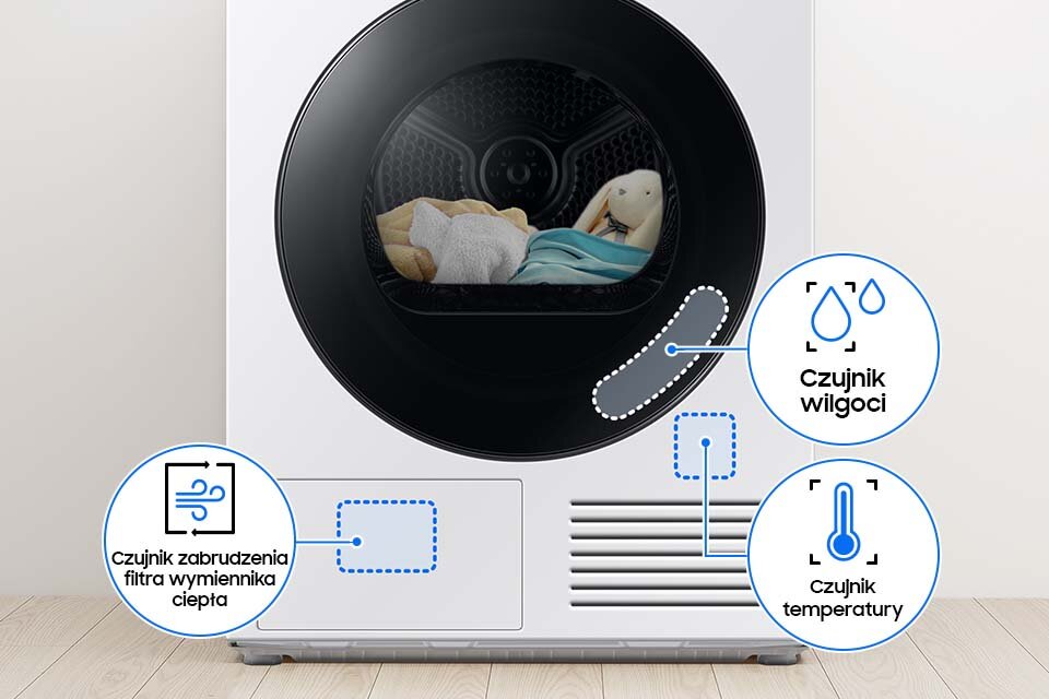System Optimal Dry w suszarce Samsung DV90DB7845GWU4 Czujniki wilgoci, temperatury i zabrudzenia filtra w suszarce DV90DB7845GWU4 zapewniają optymalne suszenie i efektywność.