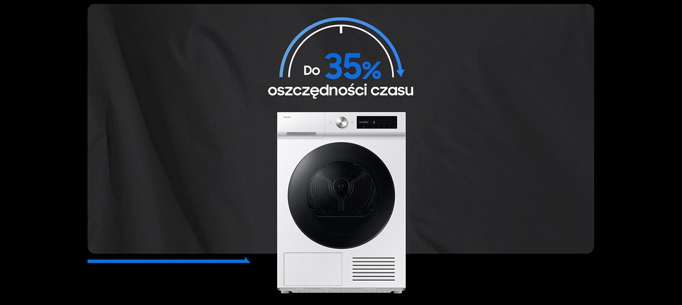 Szybkie suszenie - Quick Drive Na obrazie widoczna jest biała suszarka z czarnym bębnem na tle ciemnej powierzchni. Nad suszarką znajduje się napis: \'Do 35% oszczędności czasu\'.