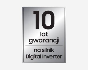 10 lat gwarancji na silnik Prostokątna plakietka z napisem \'10 lat gwarancji na silnik Digital Inverter\'.