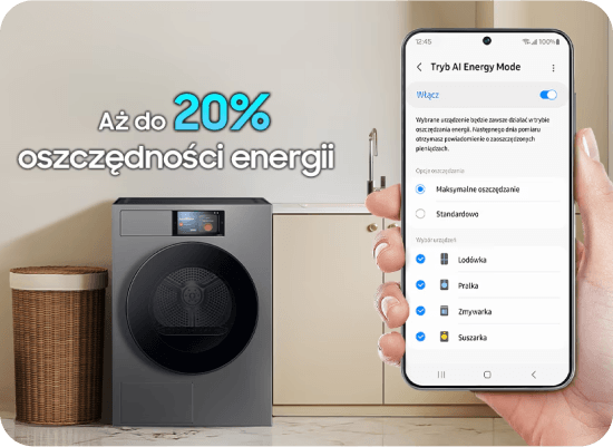 ai energy mode usp Obraz przedstawia suszarkę w nowoczesnej kuchni oraz dłoń trzymającą smartfon z włączonym trybem AI Energy Mode. Na obrazie widoczny jest tekst: \'Aż do 20% oszczędności energii\'.
