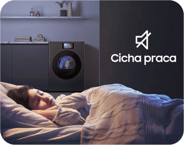 cicha praca Obraz przedstawia dziecko śpiące w łóżku obok pralki w ciemnym pomieszczeniu. Obok pralki widnieje ikona przekreślonego głośnika i napis \'Cicha praca\'.