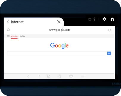 google Zrzut ekranu przeglądarki internetowej z otwartą stroną www.google.com, widoczny pasek wyszukiwania Google oraz przyciski nawigacyjne przeglądarki. W lewym górnym rogu znajduje się napis \'Internet\'.