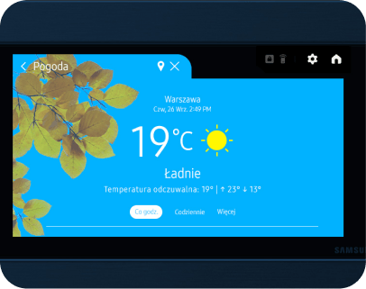 pogoda Ekran wyświetla pogodę dla Warszawy z temperaturą 19°C i ikoną słońca. Widoczny jest tekst: \'Czw, 26 Wrz, 2:49 PM\', \'Ładnie\', \'Temperatura odczuwalna: 19° | 23° + 13°\'.