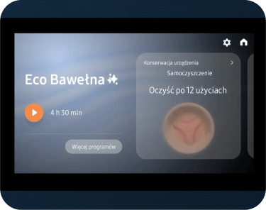 prosta obsluga Ekran suszarki pokazuje tryb \'Eco Bawełna\' z czasem 4 h 30 min i przyciskiem \'Więcej programów\'. Widoczna jest także informacja o konserwacji urządzenia: \'Samoczyszczenie Oczyść po 12 użyciach\'.