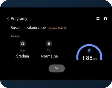raporty Ekran suszarki pokazuje zakończenie programu \'Suszenie AI\' trwającego 3 godziny. Wyświetlane są informacje: \'Ilość: Średnia\', \'Typ: Normalne\' oraz zużycie energii 1.85 kWh.