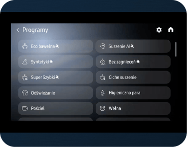 wygodna personalizacja Ekran wyświetla listę programów suszarki, takich jak Eco bawełna, Syntetyki, Super Szybki, Odświeżanie, Pościel, Suszenie AI, Bez zagnieceń, Ciche suszenie, Higieniczna para, Wełna. W górnym rogu widoczne są ikony ustawień i powrotu do menu głównego.