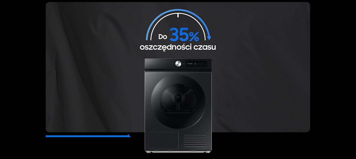 Na obrazie widoczna jest czarna suszarka z okrągłym bębnem na tle ciemnej powierzchni. Nad nią znajduje się napis: \'Do 35% oszczędności czasu\'.